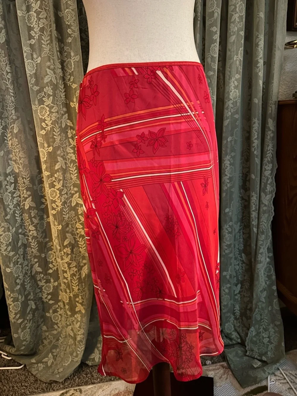 Vintage Red and Pink Floral Stripe Midi Skirt - Picture 1 of 4